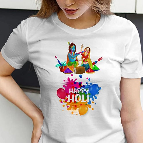 Vasthrlay Happy Holi Printed Round Neck Tshirt for Women